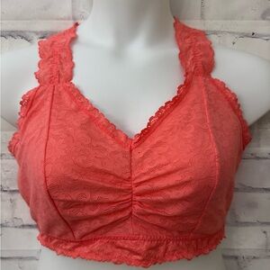 Cacique Bralette Bra Size 22/24‎ Orange Peach Lace Unlined Wire Free Bow Comfort